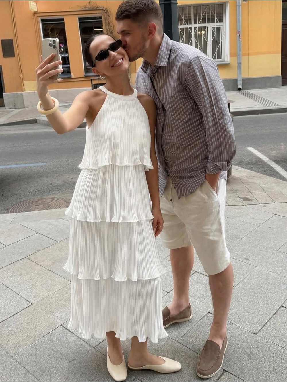 Ruffle Pleated Tiered Layered Chiffon Flowy Swing Long Midi Dress in White - Picture 11 of 15